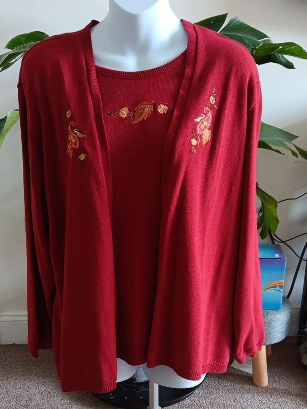 Southern Lady Red Embroidered Sweater Set